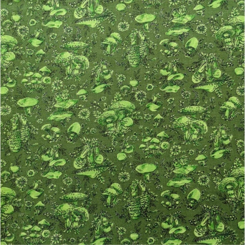Vintage 1970's Mushroom Fabric Avocado Green Cottagecore Funky Calico Print‎ 3yd